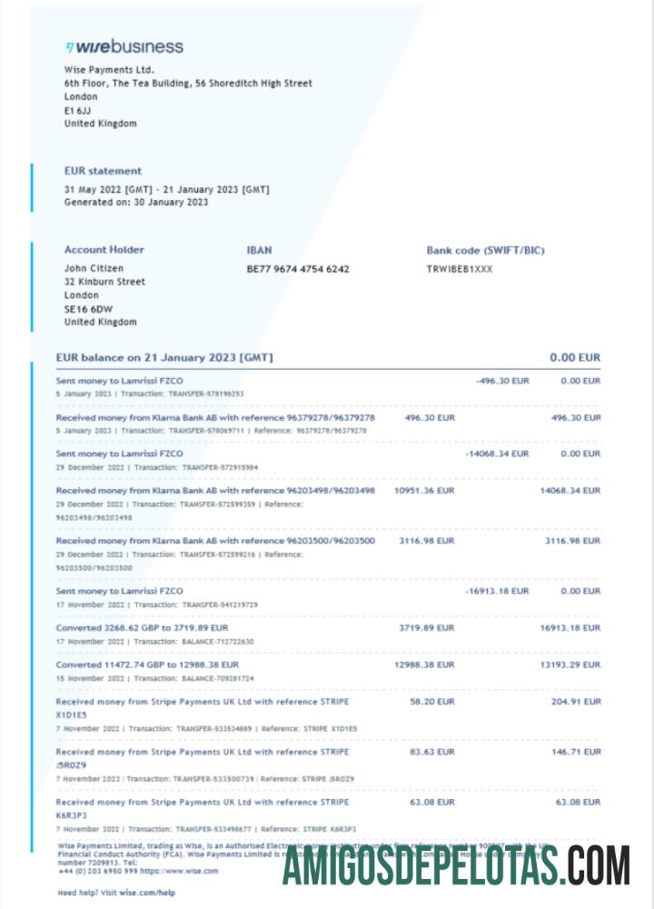 Modelo Word e PDF para download do extrato bancário Wise Business do Reino Unido